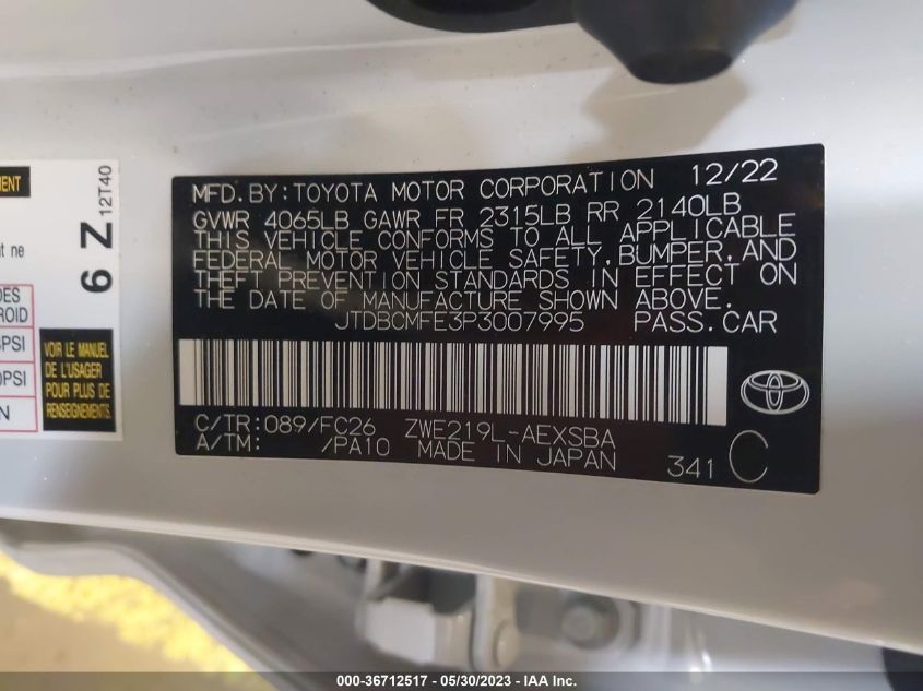 2023 TOYOTA COROLLA HYBRID - JTDBCMFE3P3007995