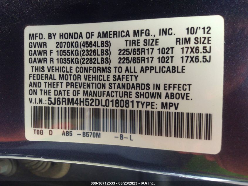 2013 HONDA CR-V EX - 5J6RM4H52DL018081