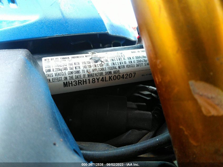 2020 YAMAHA YZFR3 A MH3RH18Y4LK004207