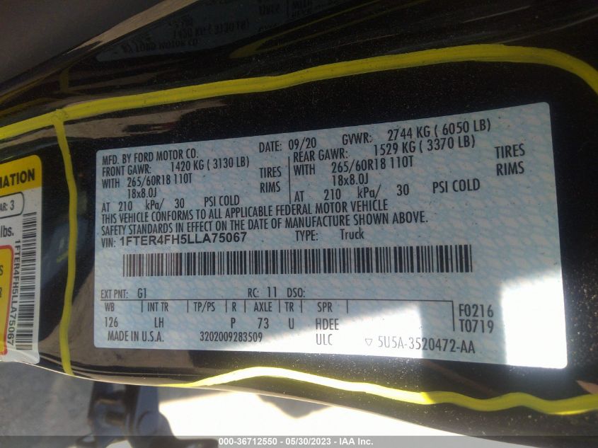 2020 FORD RANGER XL/XLT/LARIAT - 1FTER4FH5LLA75067