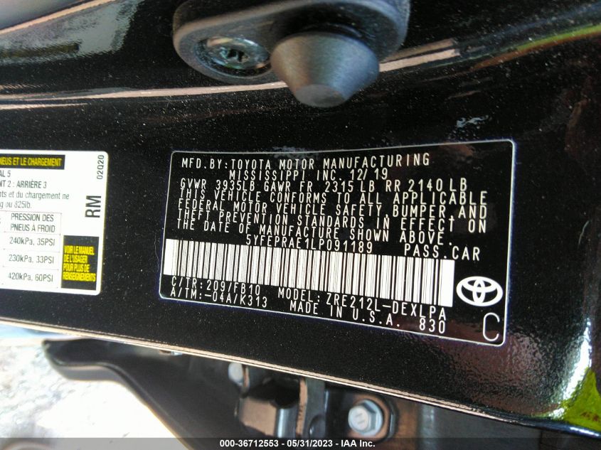 2020 TOYOTA COROLLA LE - 5YFEPRAE1LP091189