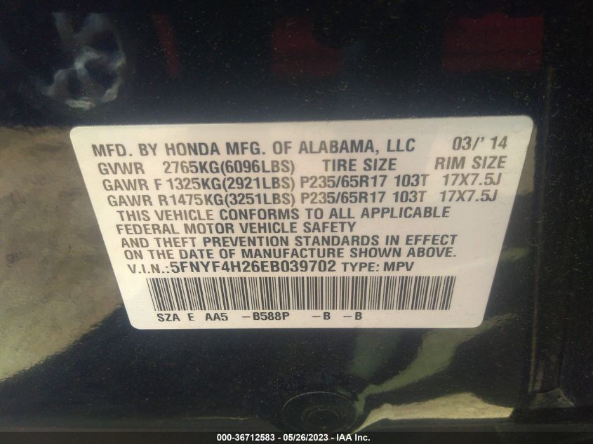 2014 HONDA PILOT LX - 5FNYF4H26EB039702