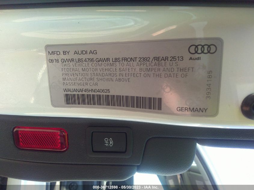 2017 AUDI A4 PREMIUM - WAUANAF45HN040625