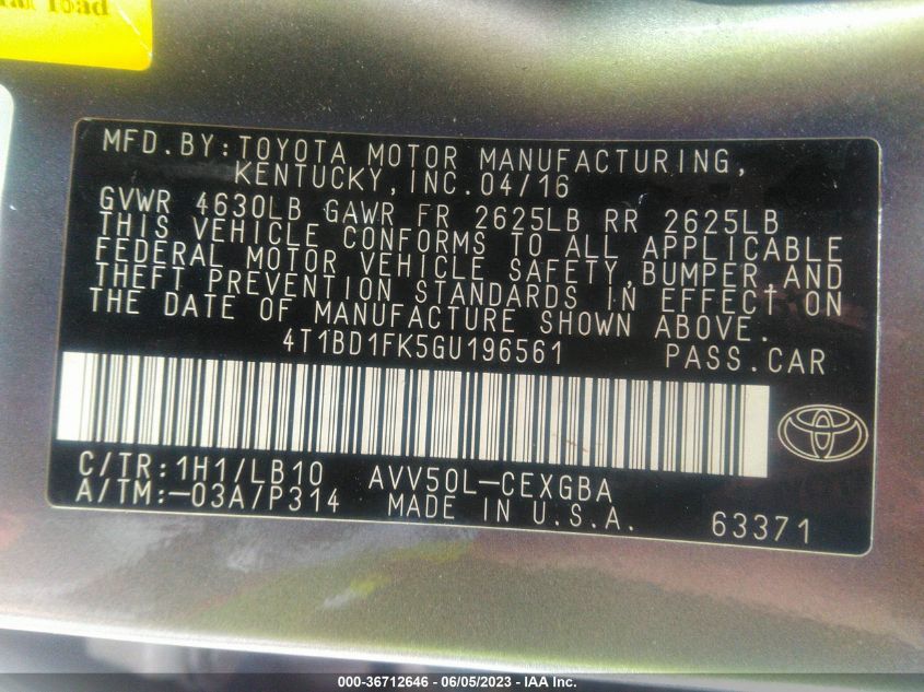 2016 TOYOTA CAMRY HYBRID XLE - 4T1BD1FK5GU196561