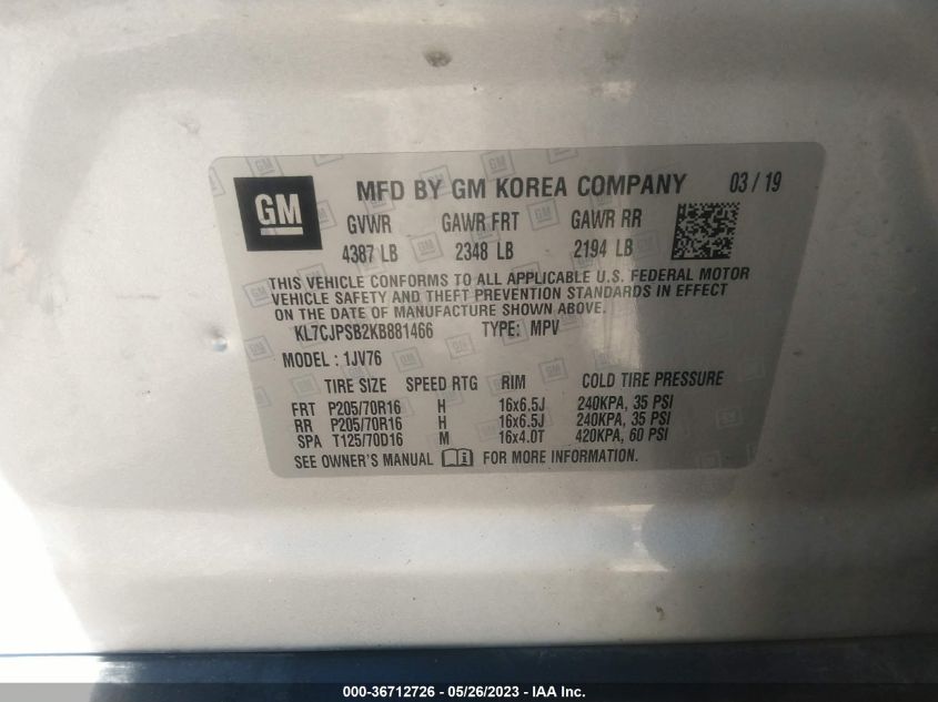 2019 CHEVROLET TRAX LT - KL7CJPSB2KB881466