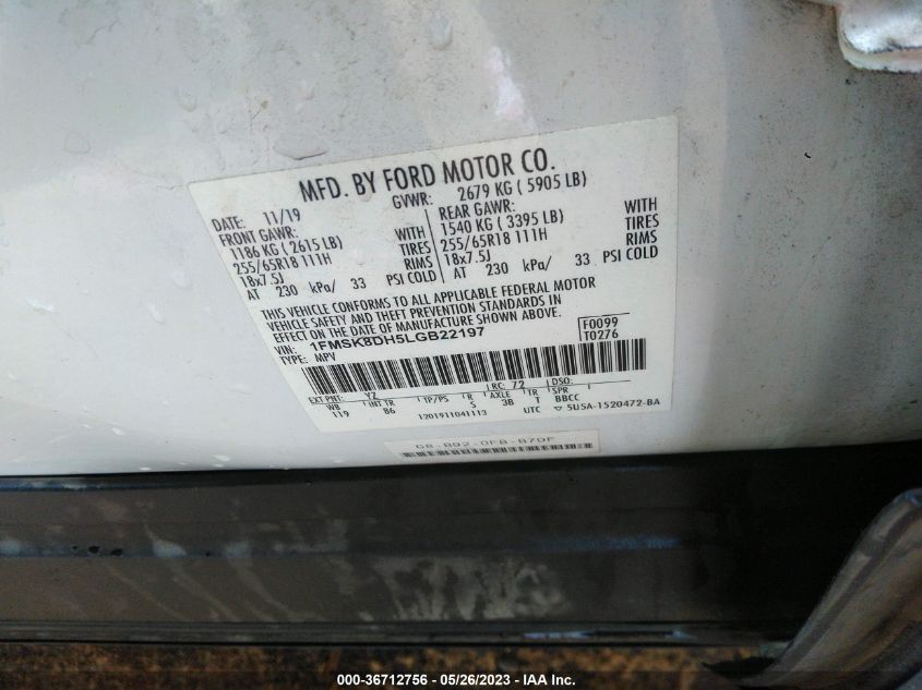 2020 FORD EXPLORER XLT - 1FMSK8DH5LGB22197