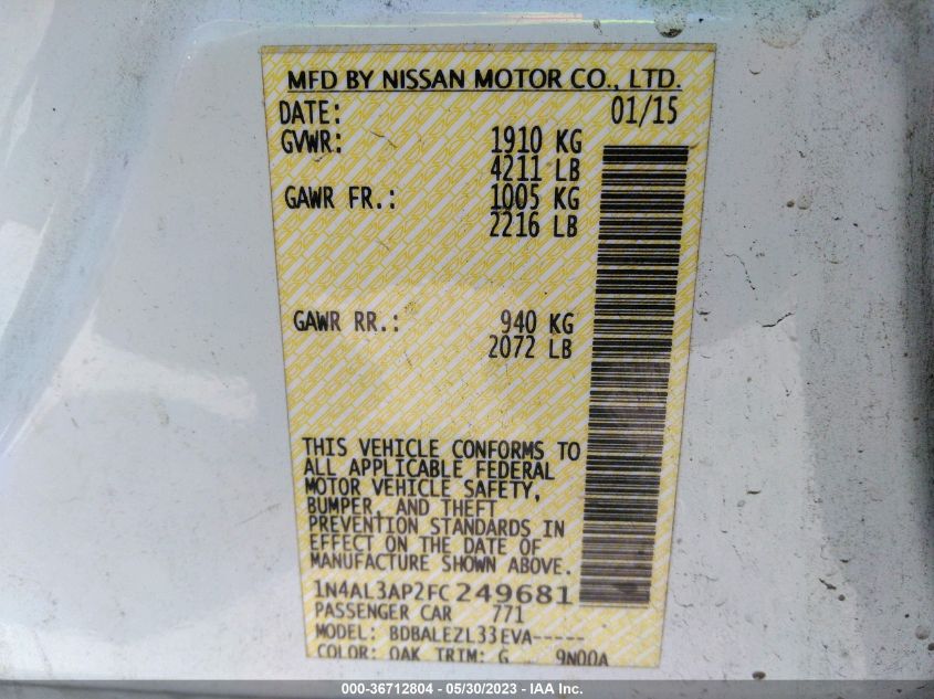 2015 NISSAN ALTIMA 2.5 - 1N4AL3AP2FC249681
