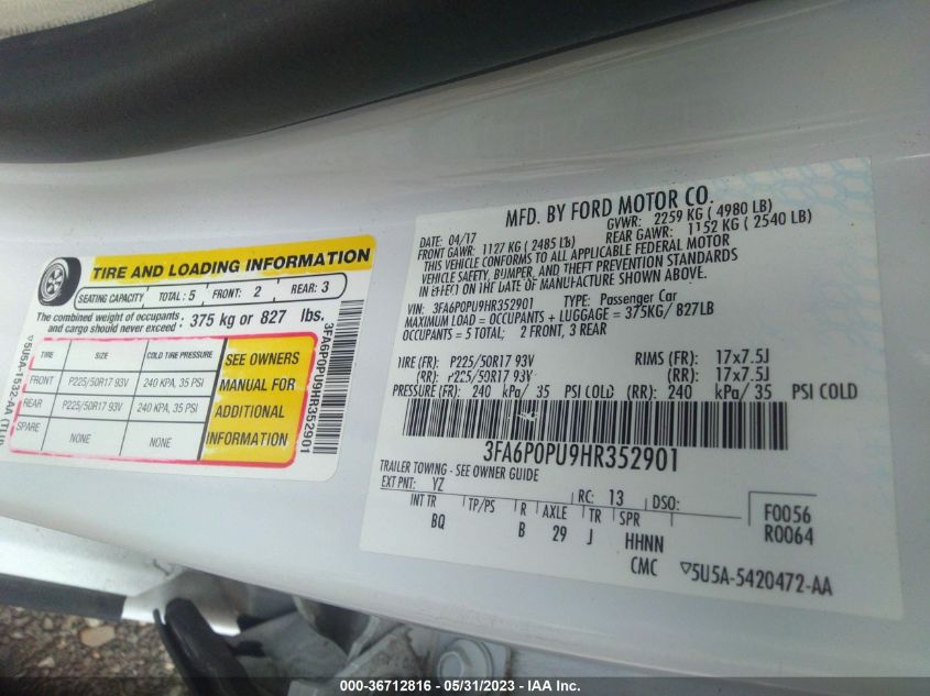 2017 FORD FUSION ENERGI SE - 3FA6P0PU9HR352901