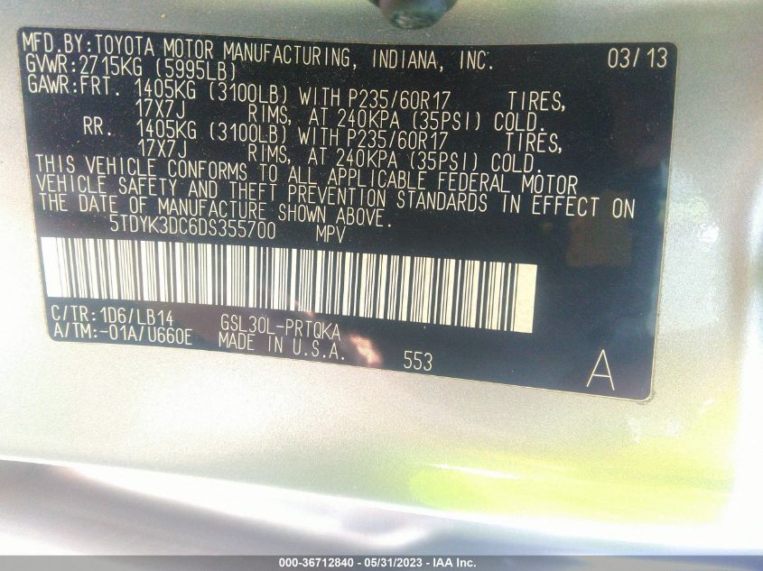 2013 TOYOTA SIENNA XLE AAS/XLE/LTD - 5TDYK3DC6DS355700