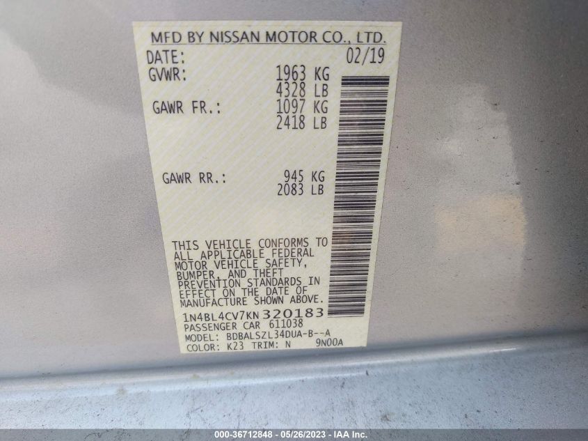 2019 NISSAN ALTIMA 2.5 SR - 1N4BL4CV7KN320183