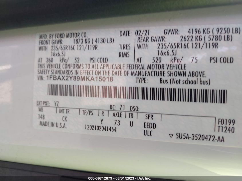 2021 FORD TRANSIT PASSENGER WAGON XL/XLT 1FBAX2Y89MKA15018