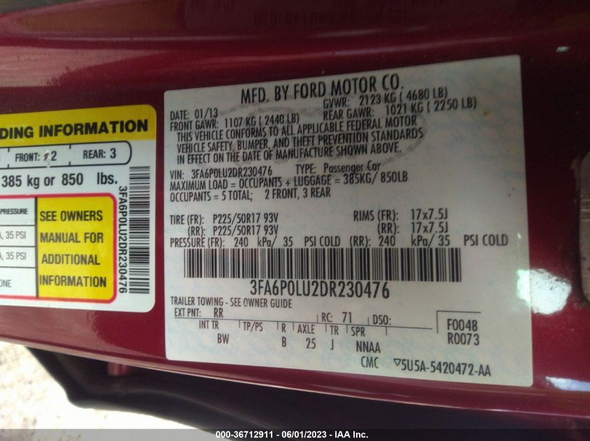 2013 FORD FUSION SE HYBRID - 3FA6P0LU2DR230476