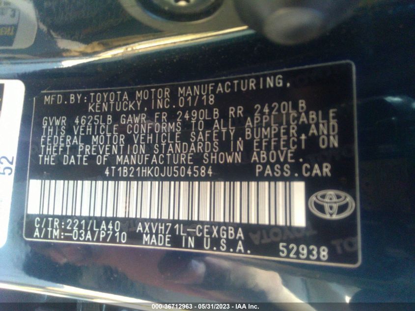 2018 TOYOTA CAMRY HYBRID - 4T1B21HK0JU504584