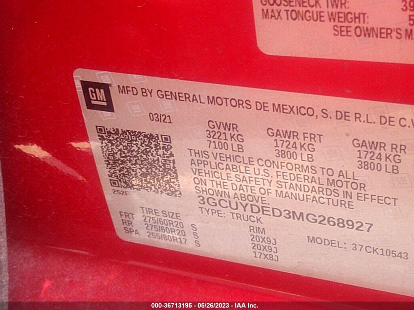 2021 CHEVROLET SILVERADO 1500 LT - 3GCUYDED3MG268927