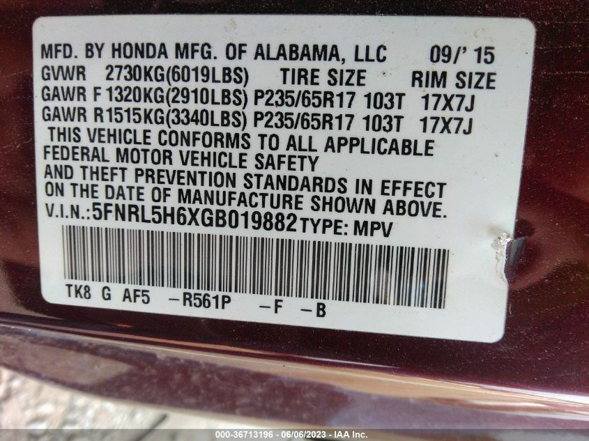 2016 HONDA ODYSSEY EX-L - 5FNRL5H6XGB019882