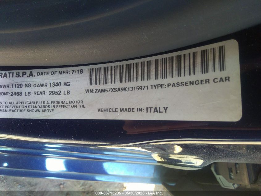 2019 MASERATI GHIBLI ZAM57XSA9K1315971