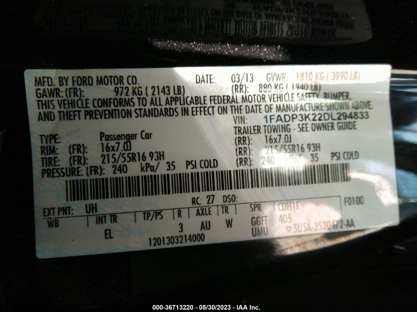 2013 FORD FOCUS SE - 1FADP3K22DL294833