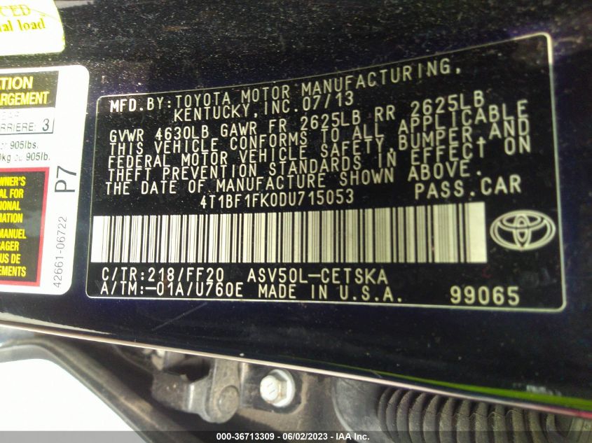 2013 TOYOTA CAMRY L/LE/SE/XLE - 4T1BF1FK0DU715053