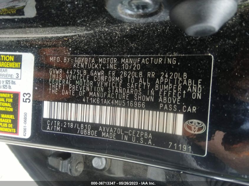 2021 TOYOTA CAMRY XSE - 4T1K61AK4MU516966