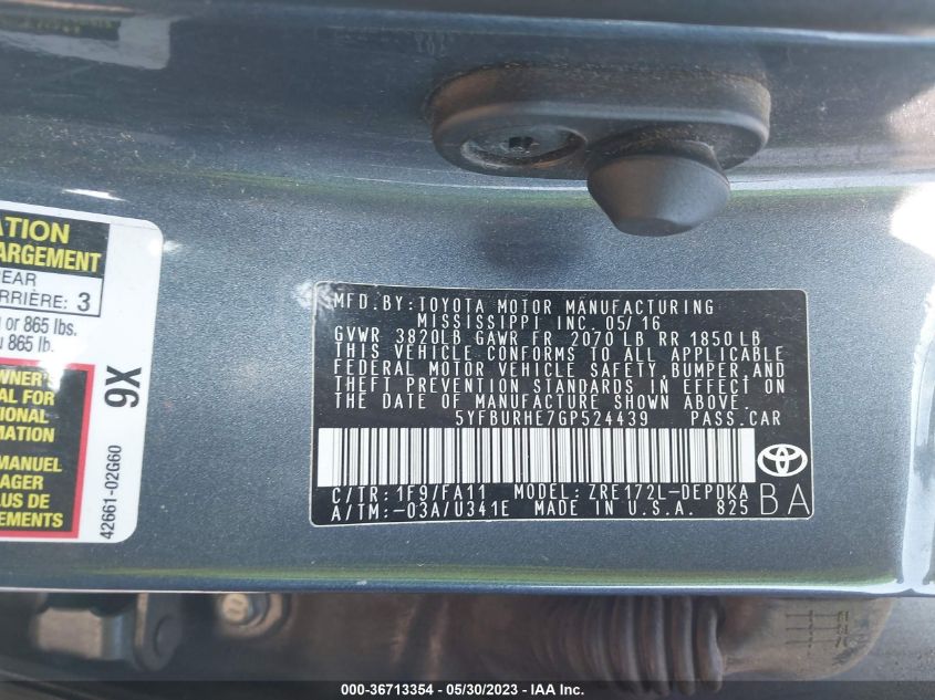 2016 TOYOTA COROLLA L/LE/S/S PLUS/LE PLUS - 5YFBURHE7GP524439