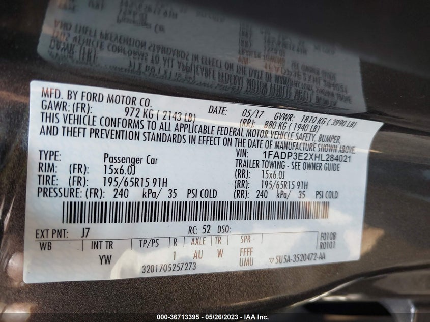 VIN 1FADP3E2XHL284021 2017 FORD FOCUS S