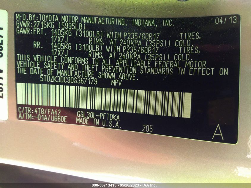 2013 TOYOTA SIENNA L - 5TDZK3DC9DS367179