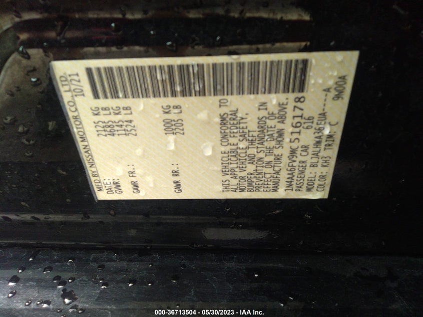 VIN 1N4AA6FV9MC516178 2021 NISSAN MAXIMA PLATINUM
