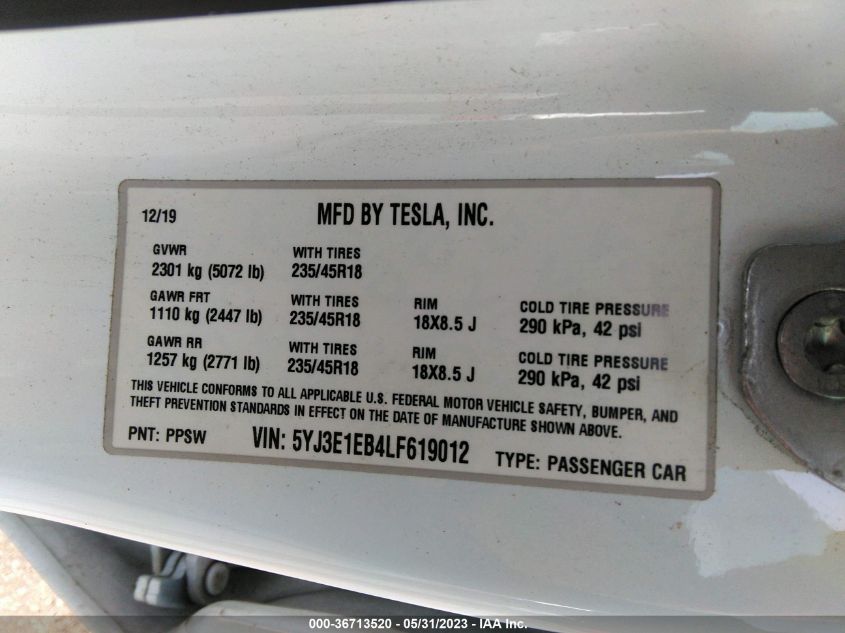 2020 TESLA MODEL 3 LONG RANGE - 5YJ3E1EB4LF619012