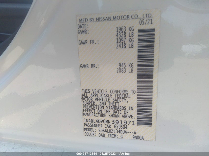 VIN 1N4BL4DV0MN391971 2021 NISSAN ALTIMA 2.5 SV