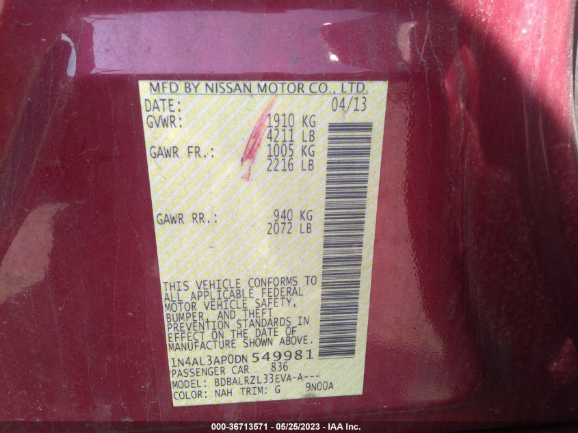 2013 NISSAN ALTIMA 2.5 S - 1N4AL3AP0DN549981