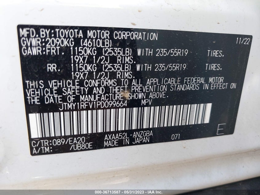 VIN JTMY1RFV1PD099664 2023 TOYOTA RAV4 LIMITED