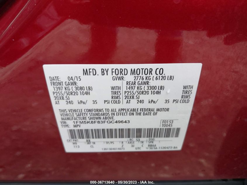 2015 FORD EXPLORER LIMITED - 1FM5K8F83FGC49643