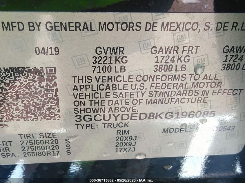 2019 CHEVROLET SILVERADO 1500 LT - 3GCUYDED8KG196085
