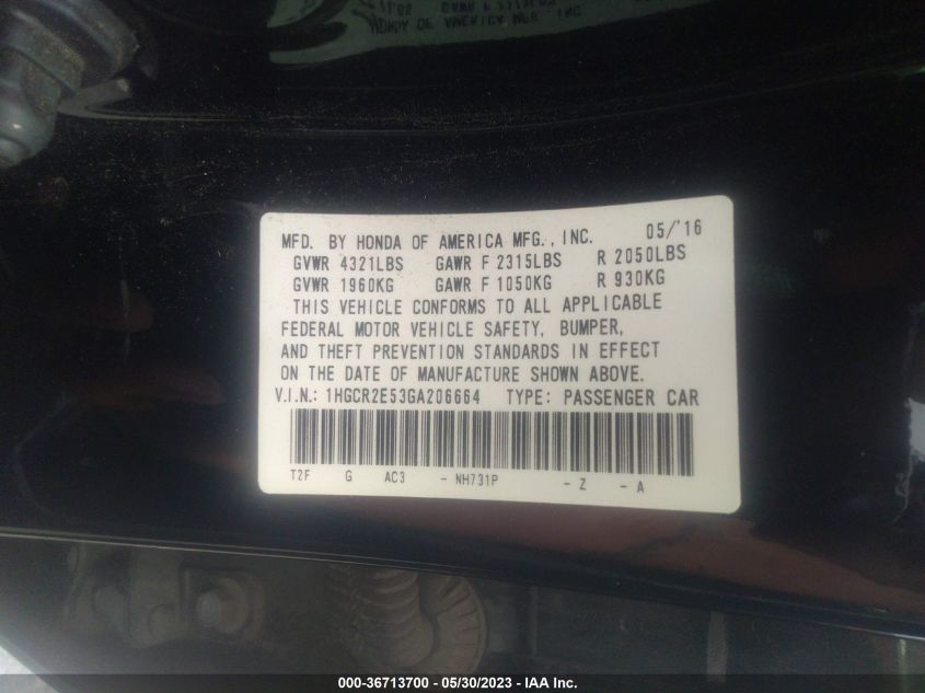 2016 HONDA ACCORD SEDAN SPORT - 1HGCR2E53GA206664