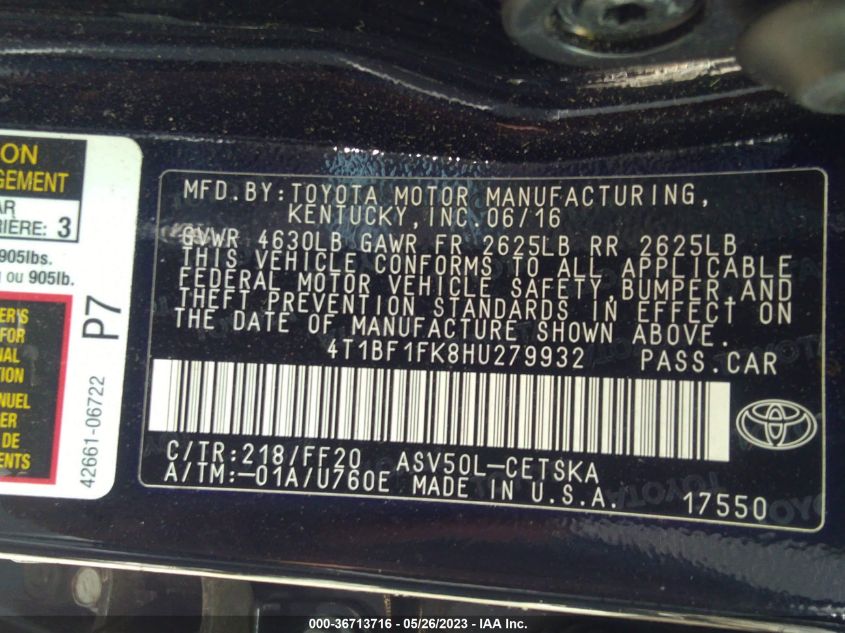 2017 TOYOTA CAMRY XLE/SE/LE/XSE - 4T1BF1FK8HU279932