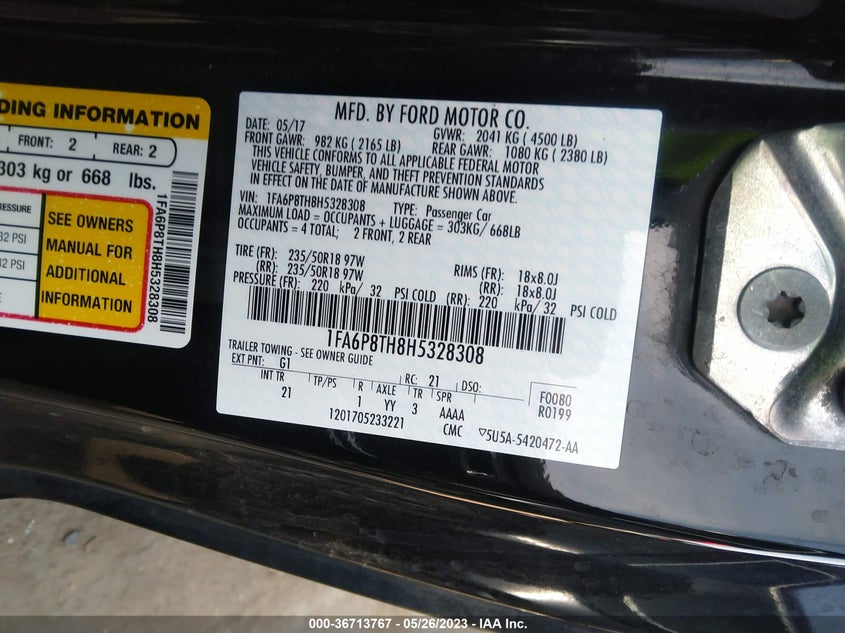 VIN 1FA6P8TH8H5328308 2017 FORD MUSTANG ECOBOOST
