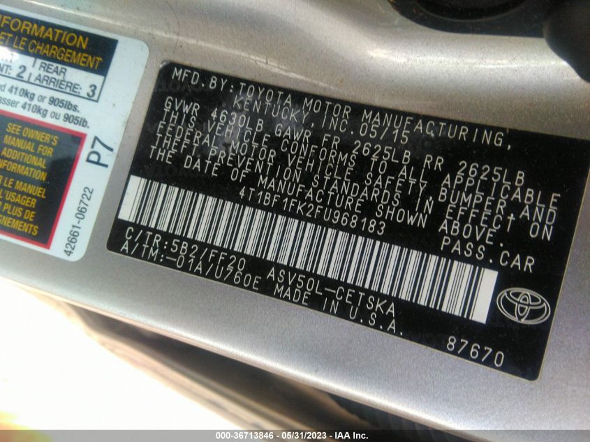 2015 TOYOTA CAMRY XLE/SE/LE/XSE - 4T1BF1FK2FU968183