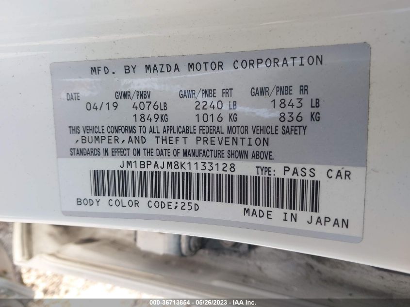 2019 MAZDA MAZDA3 HATCHBACK JM1BPAJM8K1133128