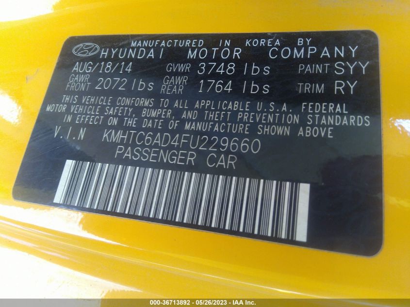 2015 HYUNDAI VELOSTER - KMHTC6AD4FU229660