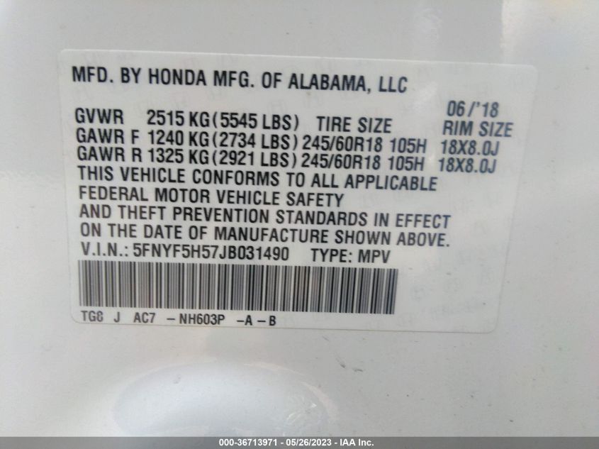 2018 HONDA PILOT EX-L - 5FNYF5H57JB031490