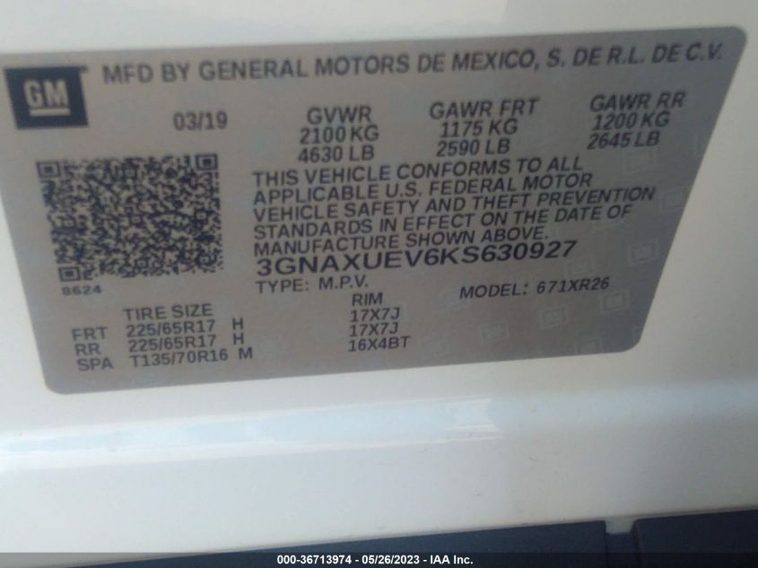 2019 CHEVROLET EQUINOX LT - 3GNAXUEV6KS630927