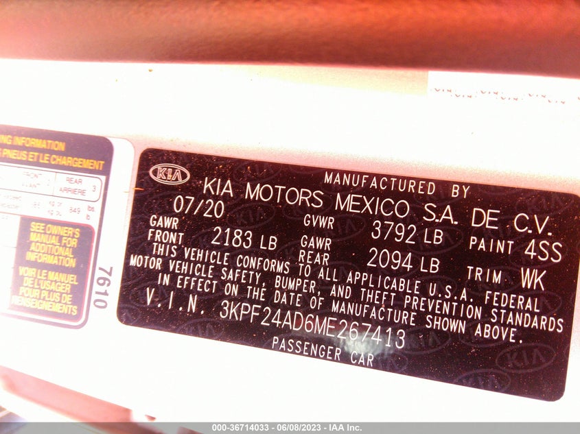 VIN 3KPF24AD6ME267413 2021 KIA FORTE FE/LXS