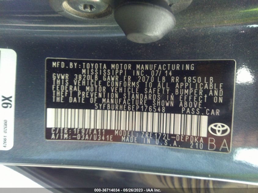 2014 TOYOTA COROLLA L/LE/S/S PLUS/LE PLUS - 5YFBURHE6EP176548
