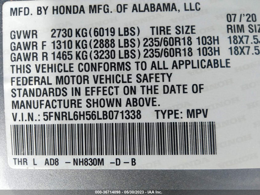 VIN 5FNRL6H56LB071338 2020 HONDA ODYSSEY EX