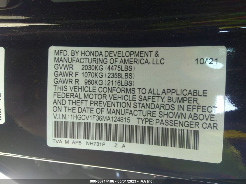 2021 HONDA ACCORD SEDAN SPORT - 1HGCV1F36MA124815