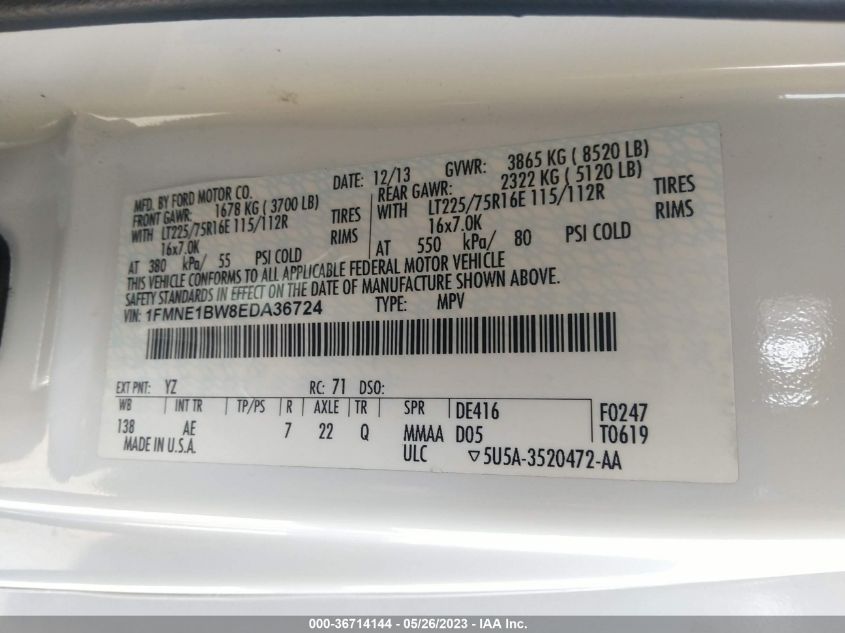 2014 FORD ECONOLINE WAGON XL/XLT - 1FMNE1BW8EDA36724