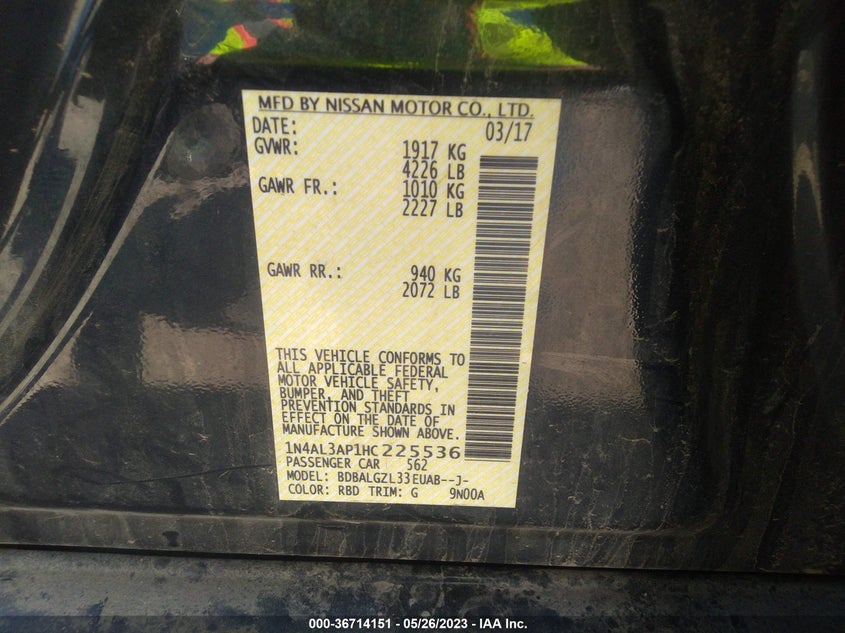 VIN 1N4AL3AP1HC225536 2017 NISSAN ALTIMA 2.5 S