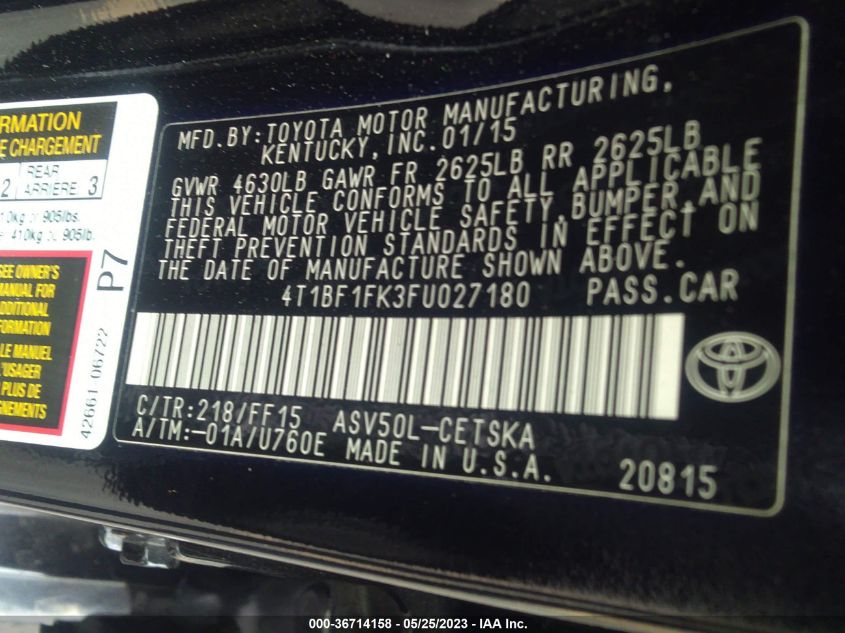 2015 TOYOTA CAMRY XLE/SE/LE/XSE - 4T1BF1FK3FU027180