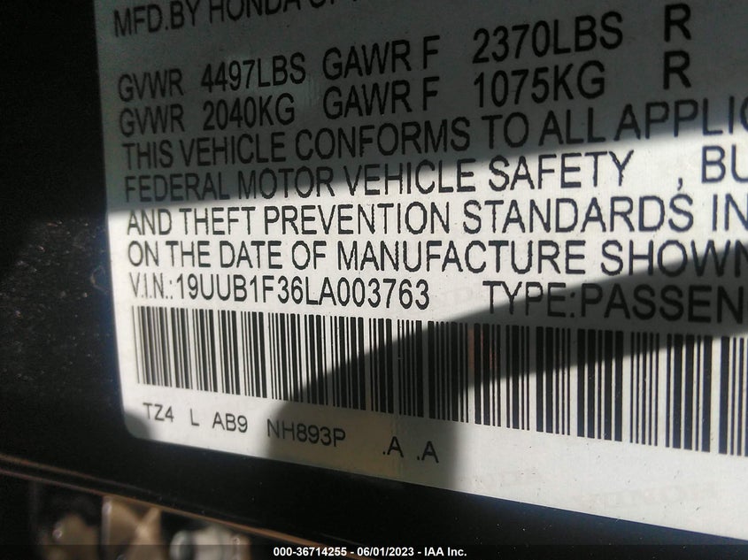 VIN 19UUB1F36LA003763 2020 ACURA TLX