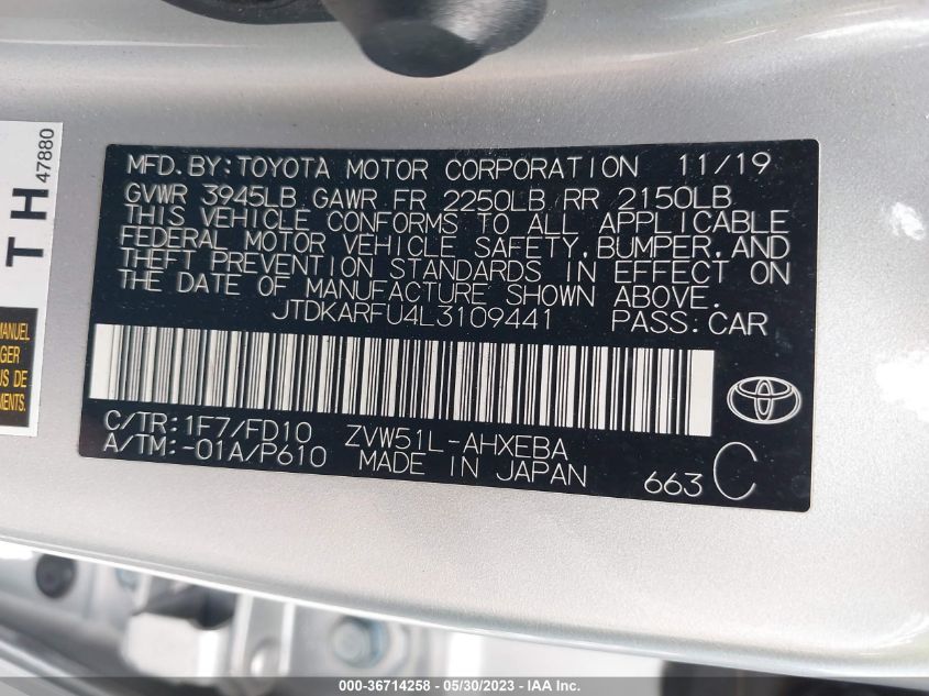 2020 TOYOTA PRIUS L ECO/LE/XLE/LIMITED - JTDKARFU4L3109441